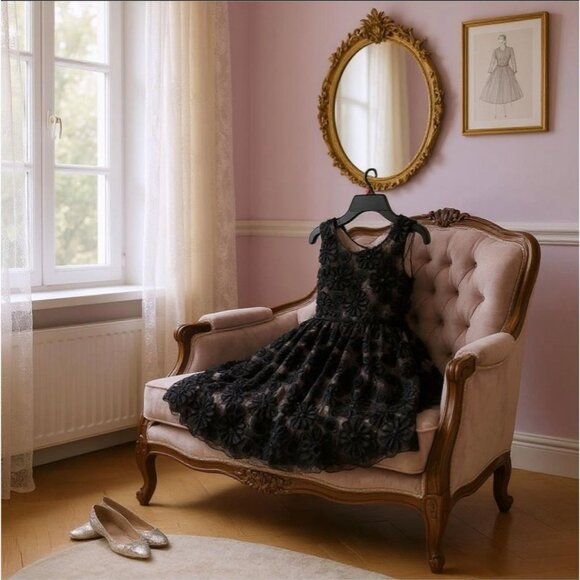 Girls Black Floral Lace Party Dress ✦ Knit Works ✦ Pink Lining ✦ Twirl Skirt 10 - Picture 4 of 6